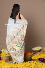 Thumbnail for Very Much Indian Rajsi - Handloom Pure Cotton Paithani With Asawali Pallu - White Golden - Distacart