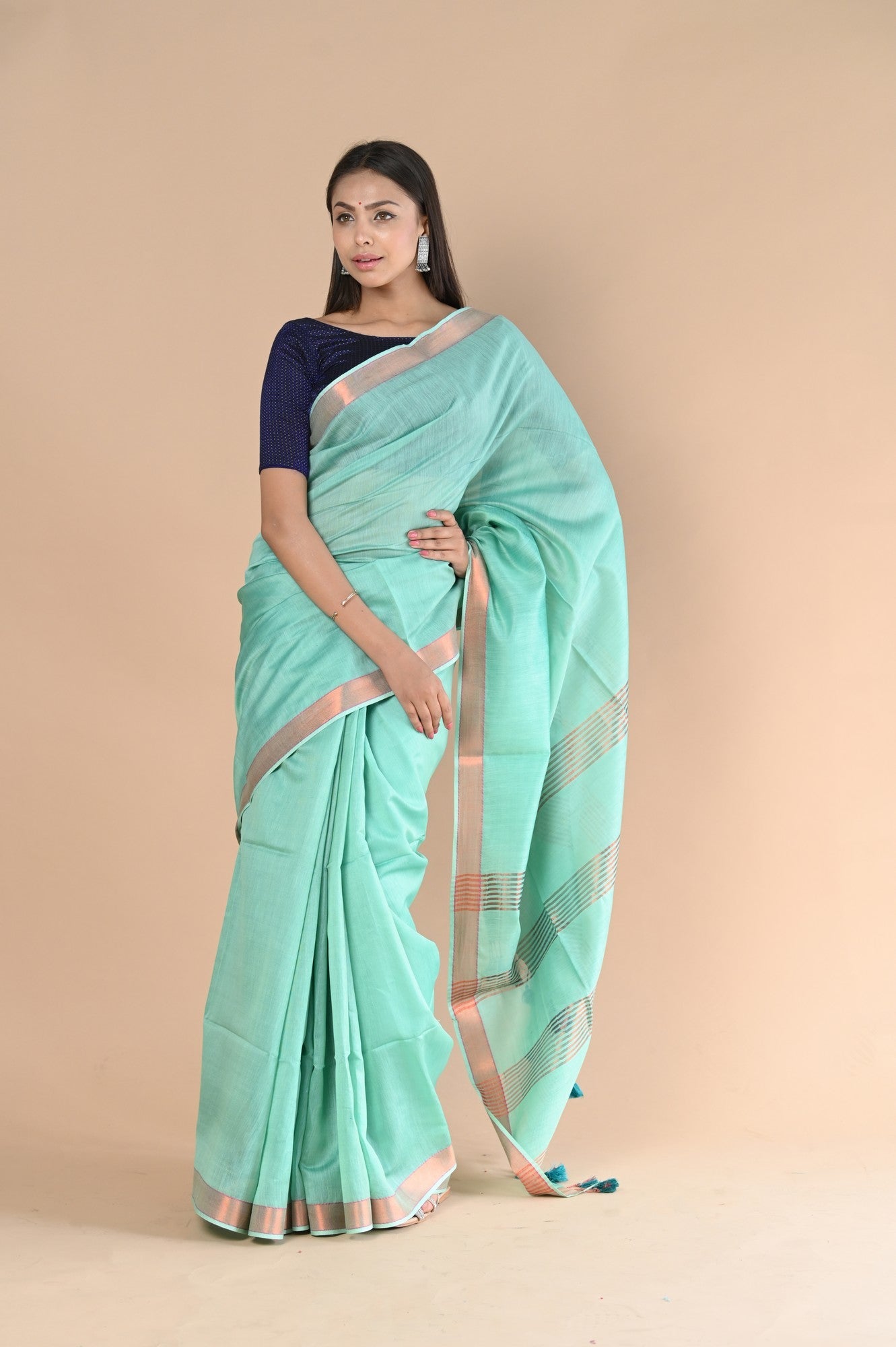 Very Much Indian Handloom Cotton Silk Saree With Sleek Golden Border - teal green - Distacart