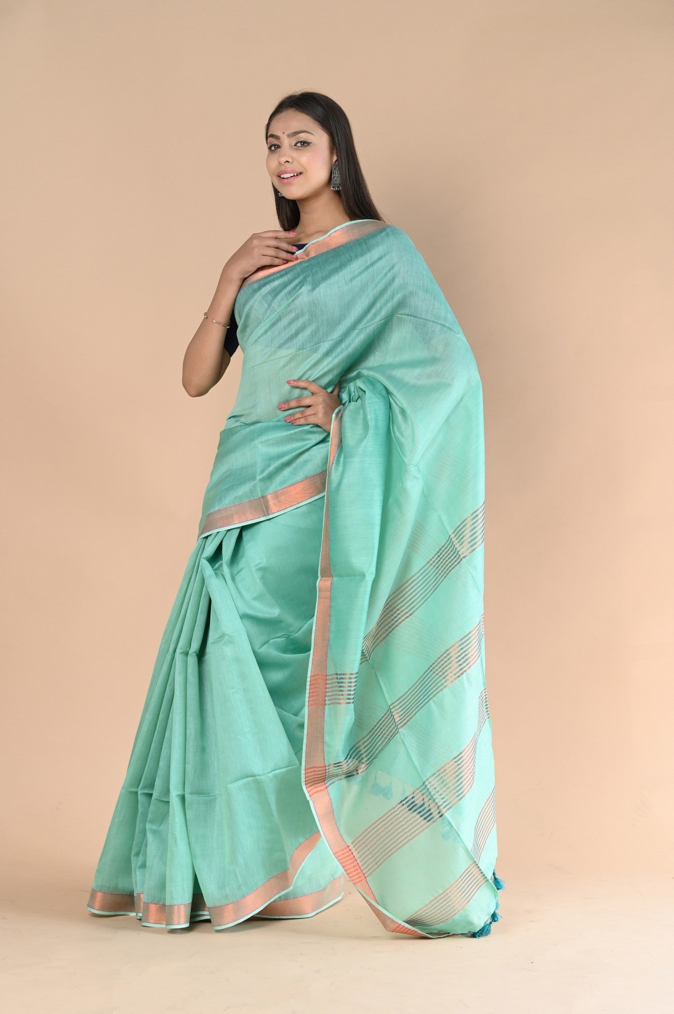 Very Much Indian Handloom Cotton Silk Saree With Sleek Golden Border - teal green - Distacart