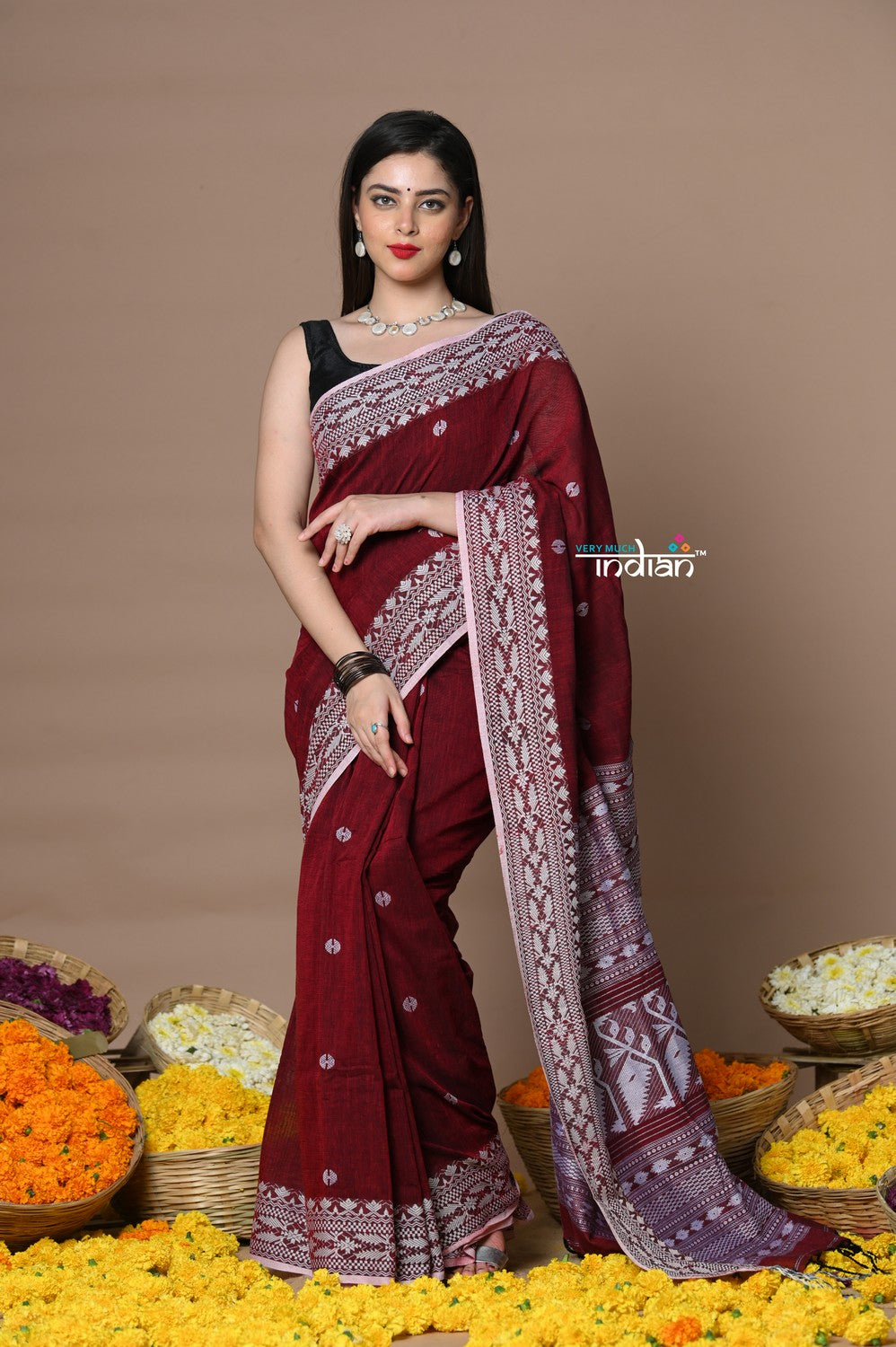 Very Much Indian Rajsi - Handloom Pure Cotton Saree with Hand-embroidered Symmetric Border - Maroon - Distacart