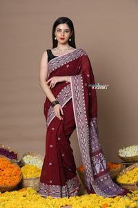 Thumbnail for Very Much Indian Rajsi - Handloom Pure Cotton Saree with Hand-embroidered Symmetric Border - Maroon - Distacart