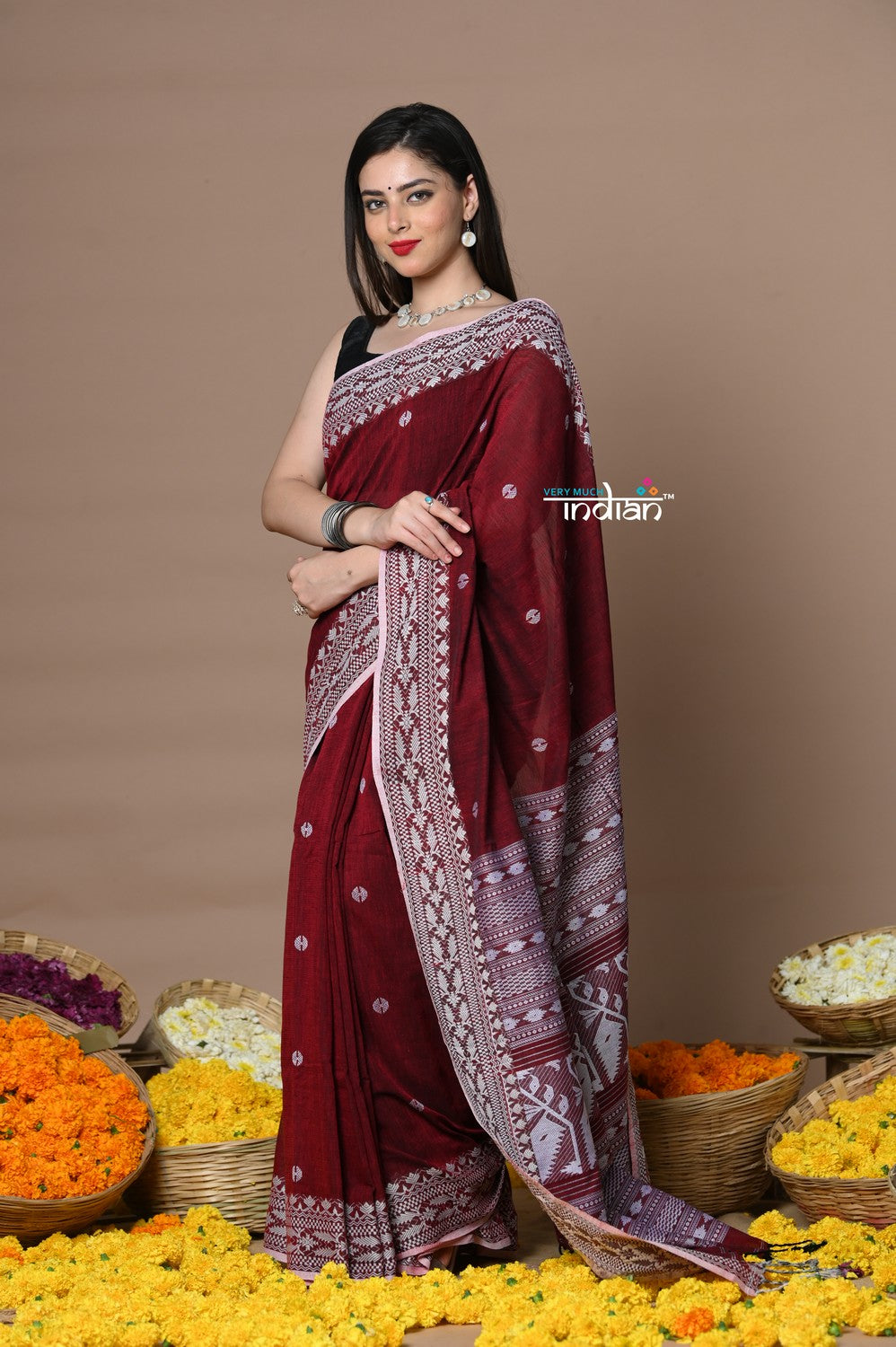 Very Much Indian Rajsi - Handloom Pure Cotton Saree with Hand-embroidered Symmetric Border - Maroon - Distacart