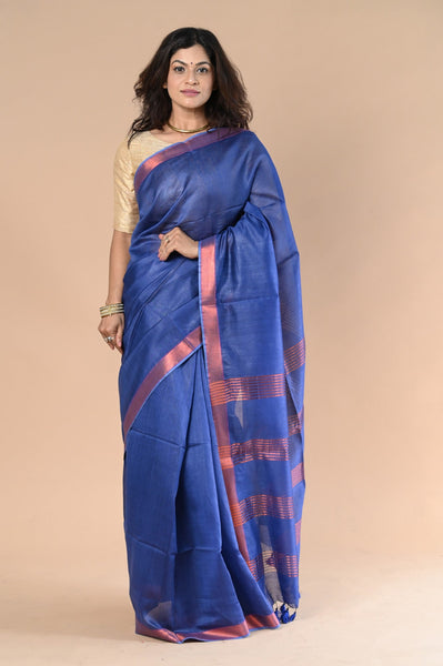 Very Much Indian Handloom Cotton Silk Saree With Sleek Golden Border - purple blue - Distacart