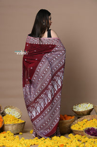 Thumbnail for Very Much Indian Rajsi - Handloom Pure Cotton Saree with Hand-embroidered Symmetric Border - Maroon - Distacart