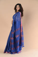 Thumbnail for Very Much Indian Handloom Cotton Silk Saree With Sleek Golden Border - purple blue - Distacart