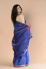 Thumbnail for Very Much Indian Handloom Cotton Silk Saree With Sleek Golden Border - purple blue - Distacart