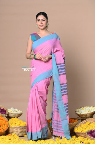 Very Much Indian Rajsi - Handloom Pure Cotton Saree with Classic Border and Pallu - Pink - Distacart