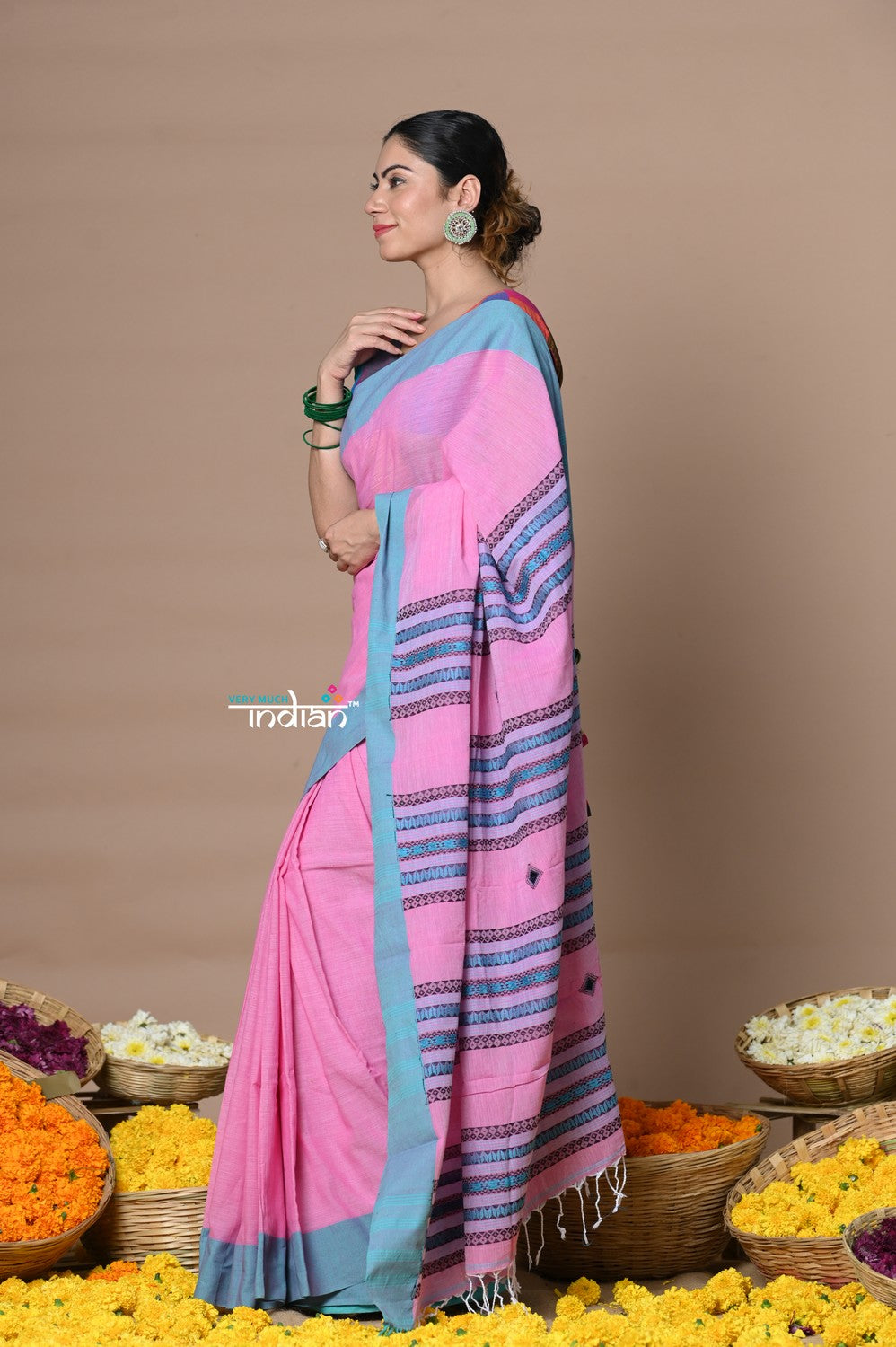 Very Much Indian Rajsi - Handloom Pure Cotton Saree with Classic Border and Pallu - Pink - Distacart