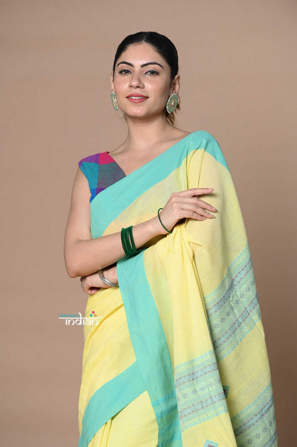 Very Much Indian Rajsi - Handloom Pure Cotton Saree with Classic Border and Pallu - Yellow - Distacart