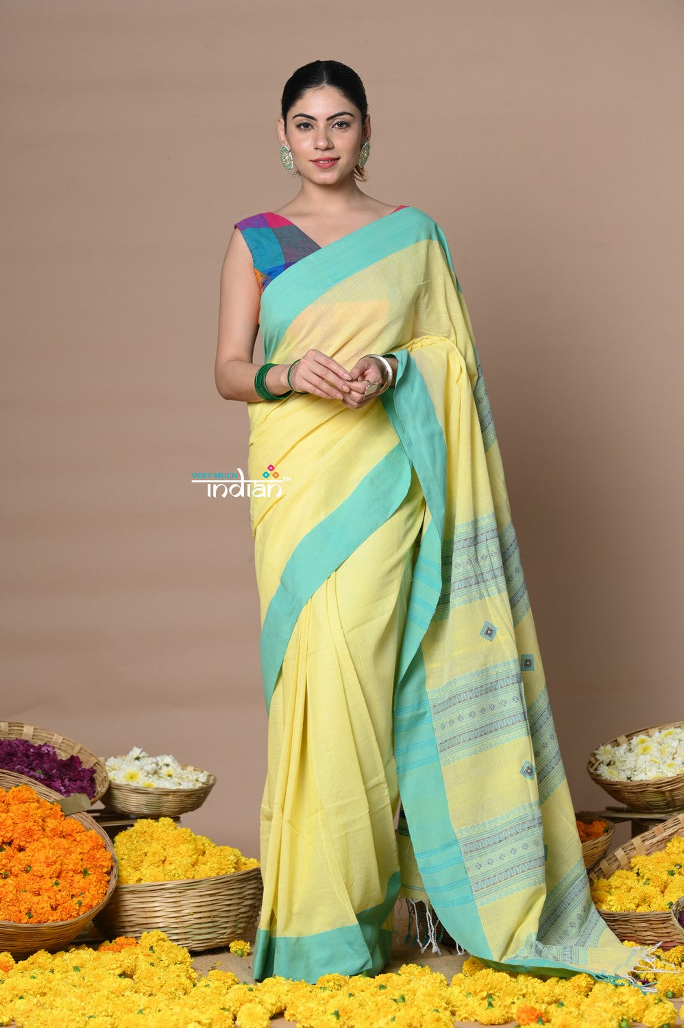 Very Much Indian Rajsi - Handloom Pure Cotton Saree with Classic Border and Pallu - Yellow - Distacart