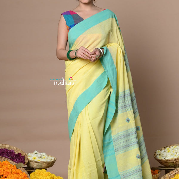 Very Much Indian Rajsi - Handloom Pure Cotton Saree with Classic Border and Pallu - Yellow - Distacart