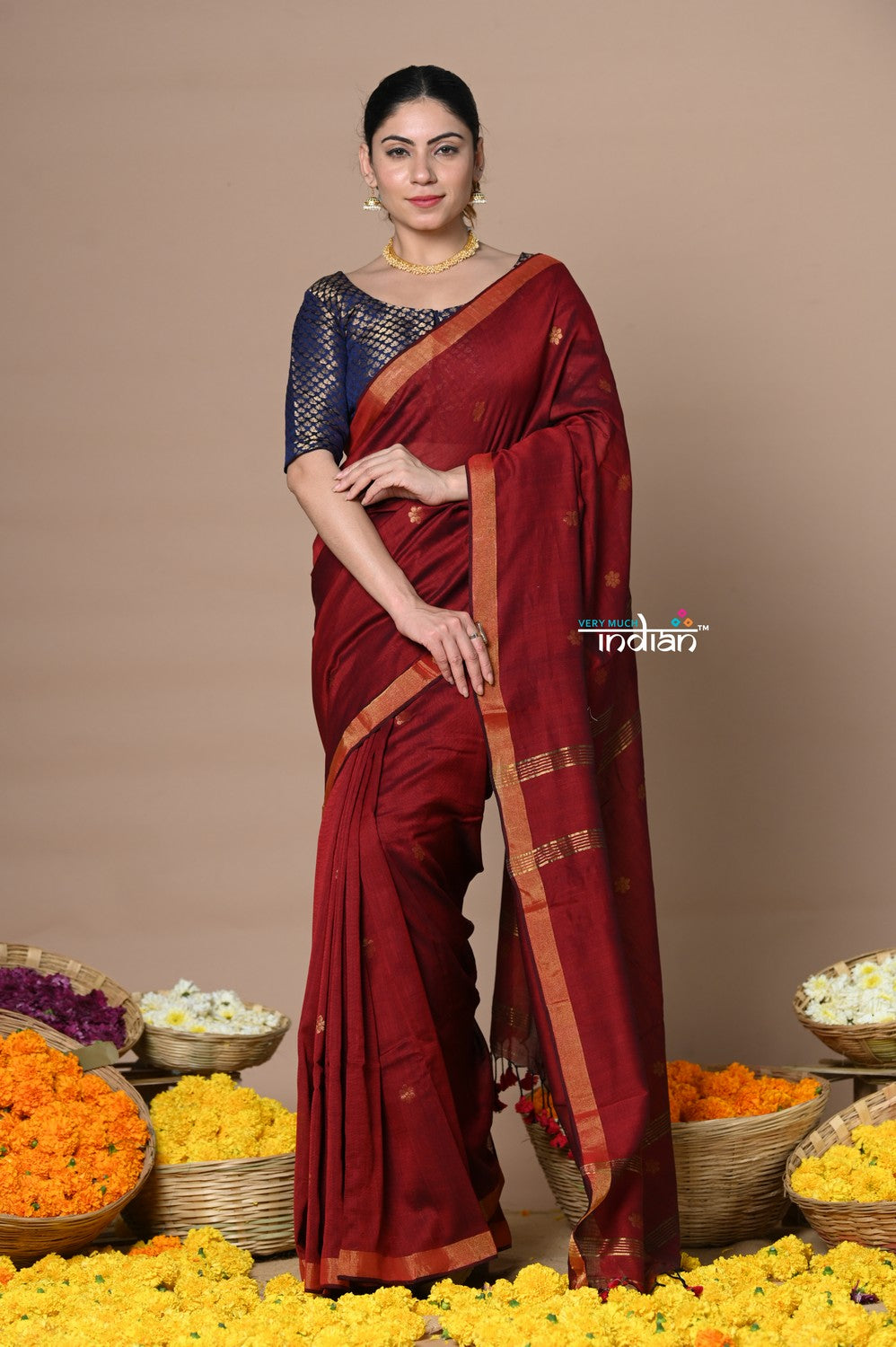 Very Much Indian Designed by VMI - High Quality Mul Cotton Handloom Woven with Sleek Border and Flower Buttis - Maroon - Distacart