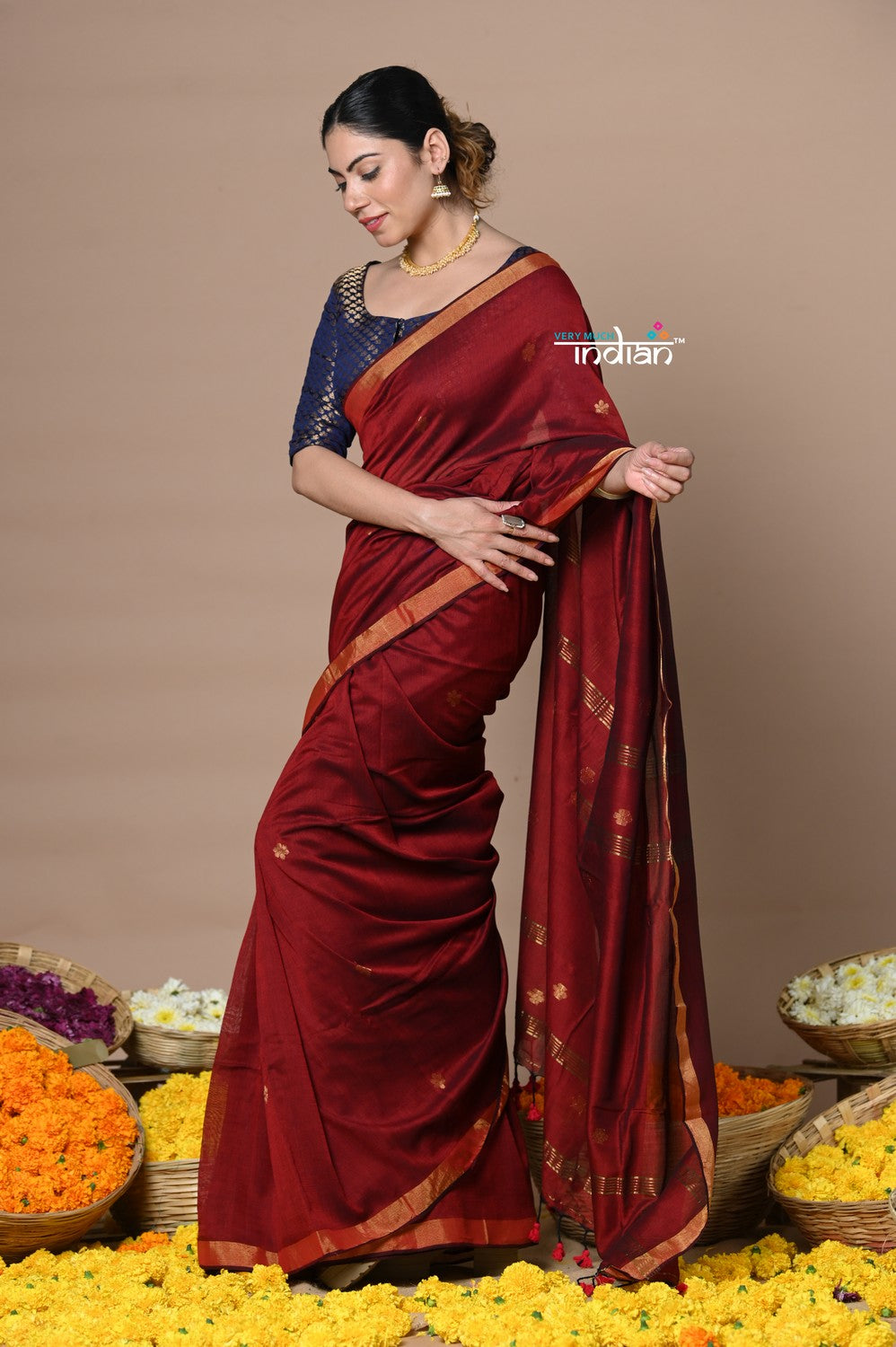 Very Much Indian Designed by VMI - High Quality Mul Cotton Handloom Woven with Sleek Border and Flower Buttis - Maroon - Distacart