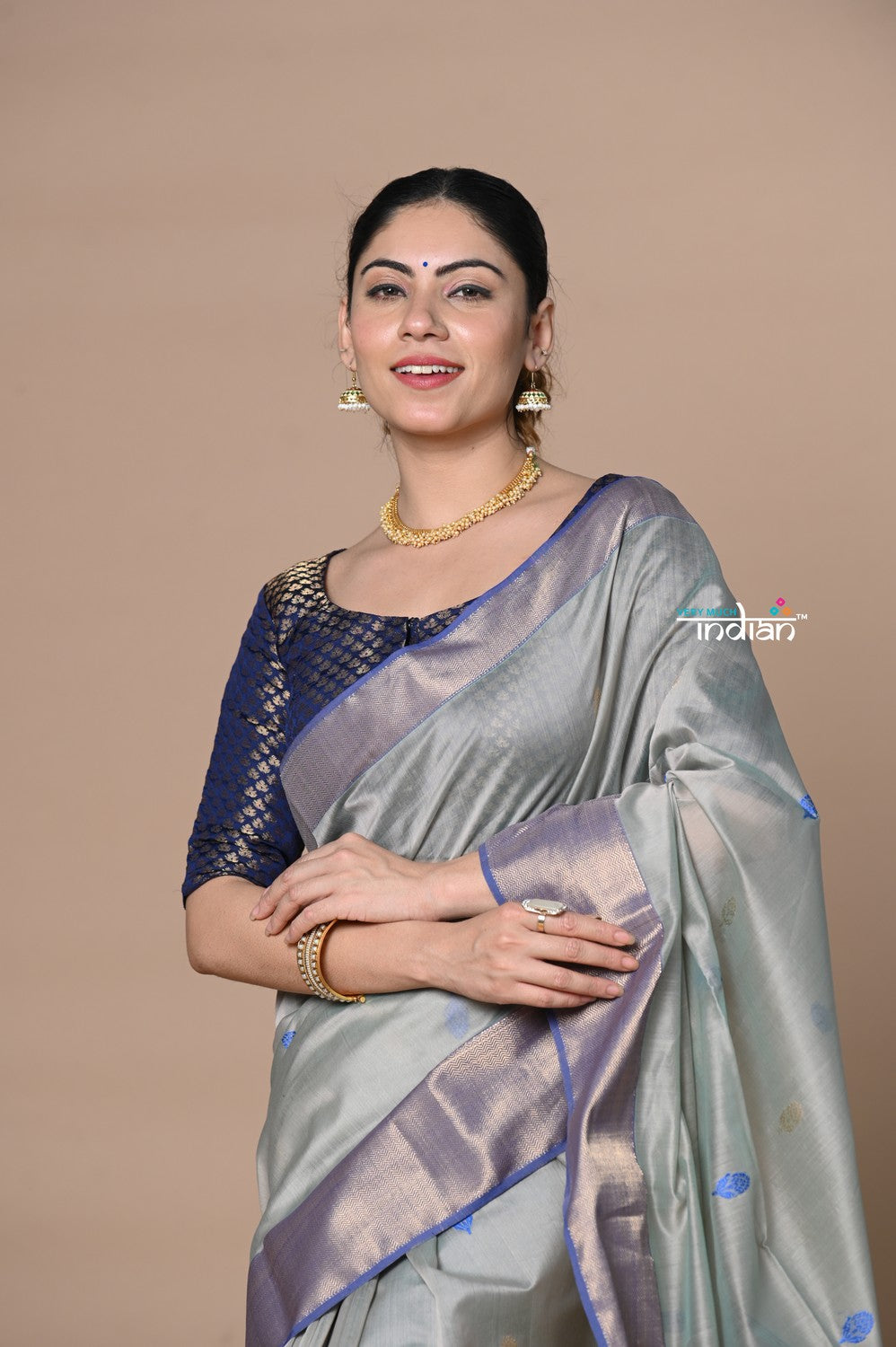 Very Much Indian Rajsi - Handloom Cotton Silk Saree with Golden Border - Grey - Distacart