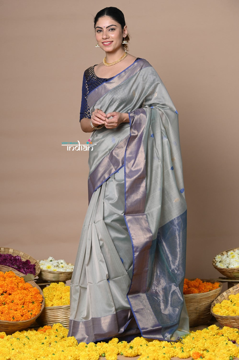 Very Much Indian Rajsi - Handloom Cotton Silk Saree with Golden Border - Grey - Distacart