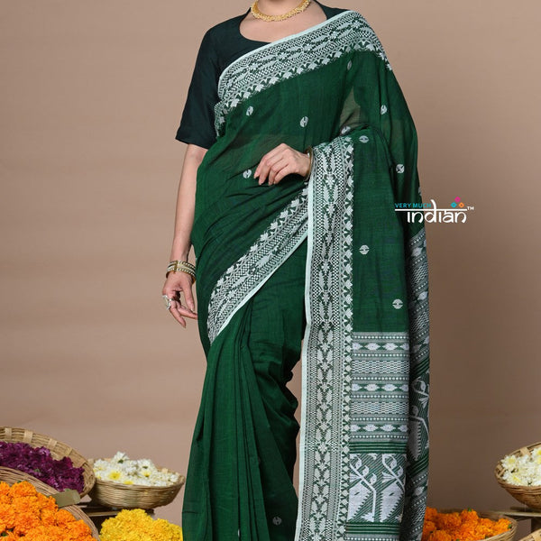 Very Much Indian Rajsi - Handloom Pure Cotton Saree with Hand-embroidered Symmetric Border - Green - Distacart
