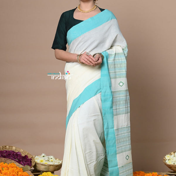 Very Much Indian Rajsi - Handloom Pure Cotton Saree with Classic Border and Pallu - White - Distacart
