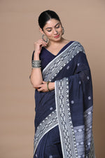 Thumbnail for Very Much Indian Rajsi - Handloom Pure Cotton Saree with Hand-embroidered Symmetric Border - Dark Blue - Distacart