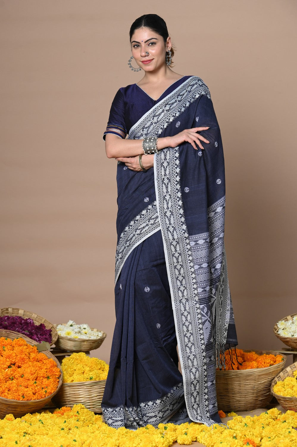 Very Much Indian Rajsi - Handloom Pure Cotton Saree with Hand-embroidered Symmetric Border - Dark Blue - Distacart