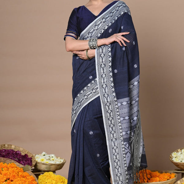 Very Much Indian Rajsi - Handloom Pure Cotton Saree with Hand-embroidered Symmetric Border - Dark Blue - Distacart