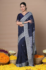 Thumbnail for Very Much Indian Rajsi - Handloom Pure Cotton Saree with Hand-embroidered Symmetric Border - Dark Blue - Distacart