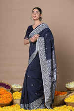 Thumbnail for Very Much Indian Rajsi - Handloom Pure Cotton Saree with Hand-embroidered Symmetric Border - Dark Blue - Distacart