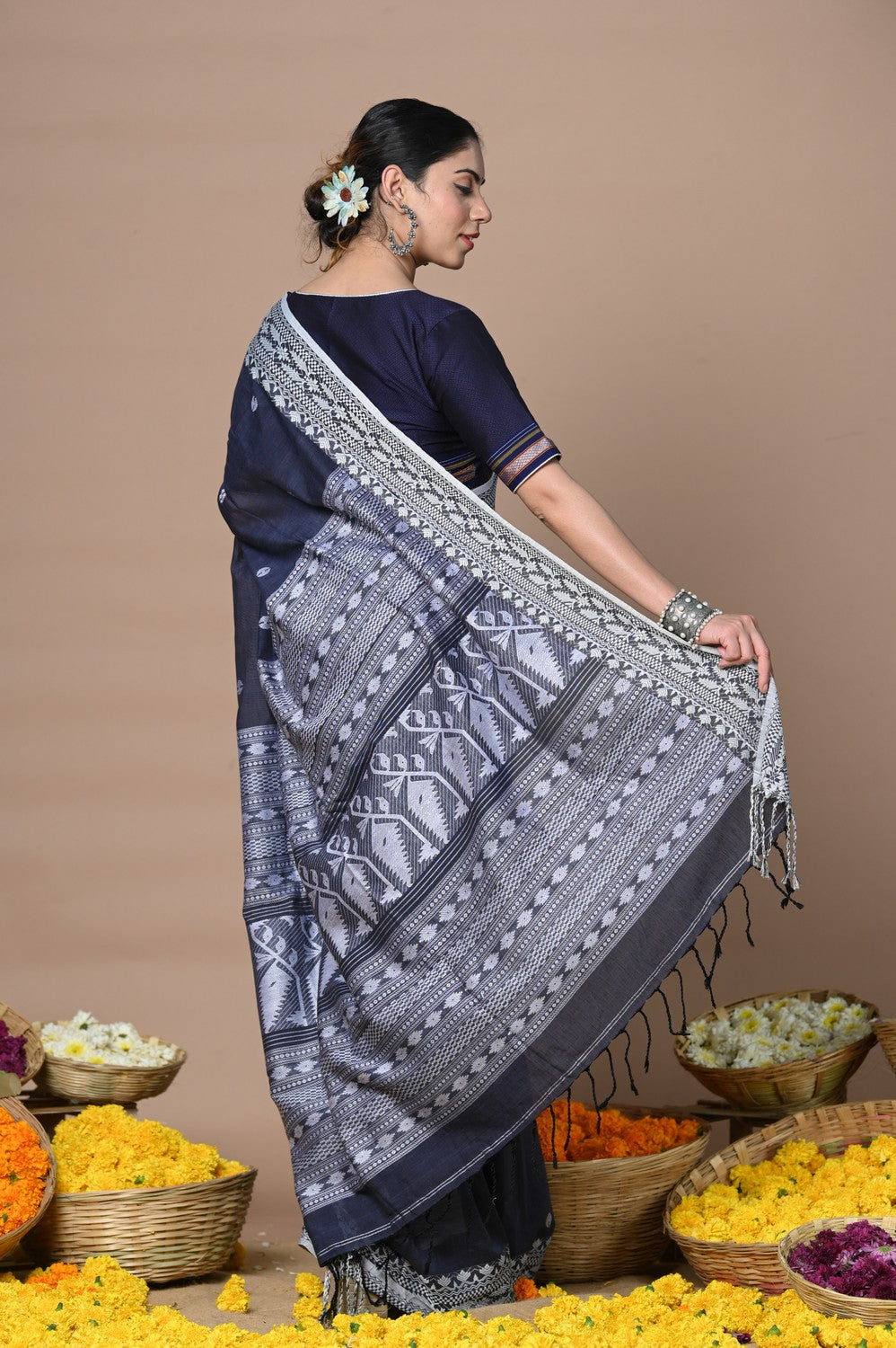 Very Much Indian Rajsi - Handloom Pure Cotton Saree with Hand-embroidered Symmetric Border - Dark Blue - Distacart