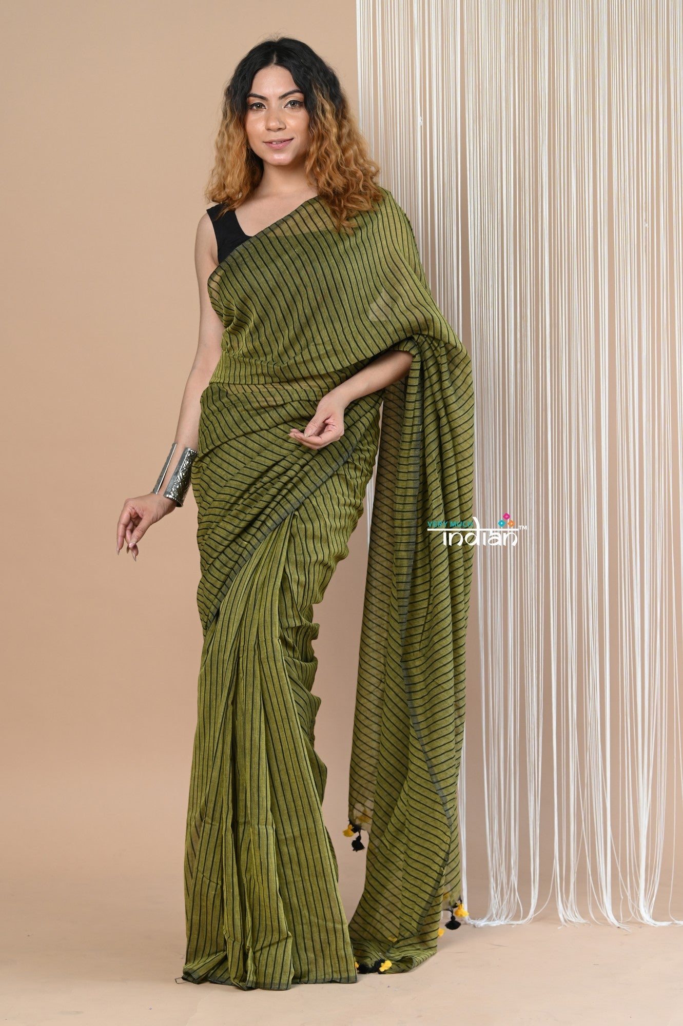 Very Much Indian Designer Pure Cotton Sarees with All over Linear Stripes - Pine Green - Distacart