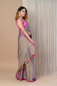 Thumbnail for Very Much Indian VMI Exclusive! Handloom Woven Cotton Zari Saree with Beautiful Sleek Border - Distacart