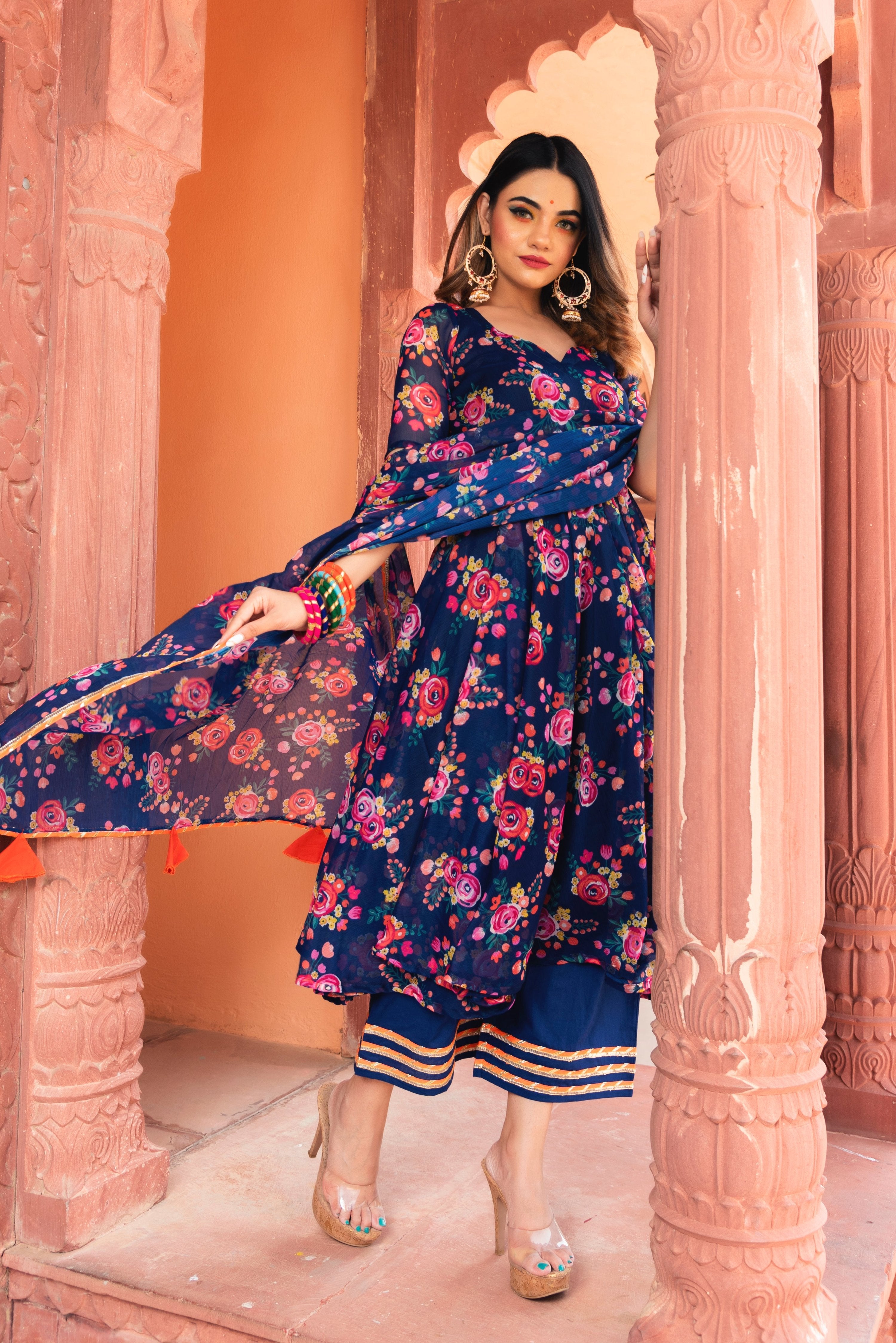 Pomcha Jaipur Manjari Organza Phool Jaal Anarkali Set - Distacart
