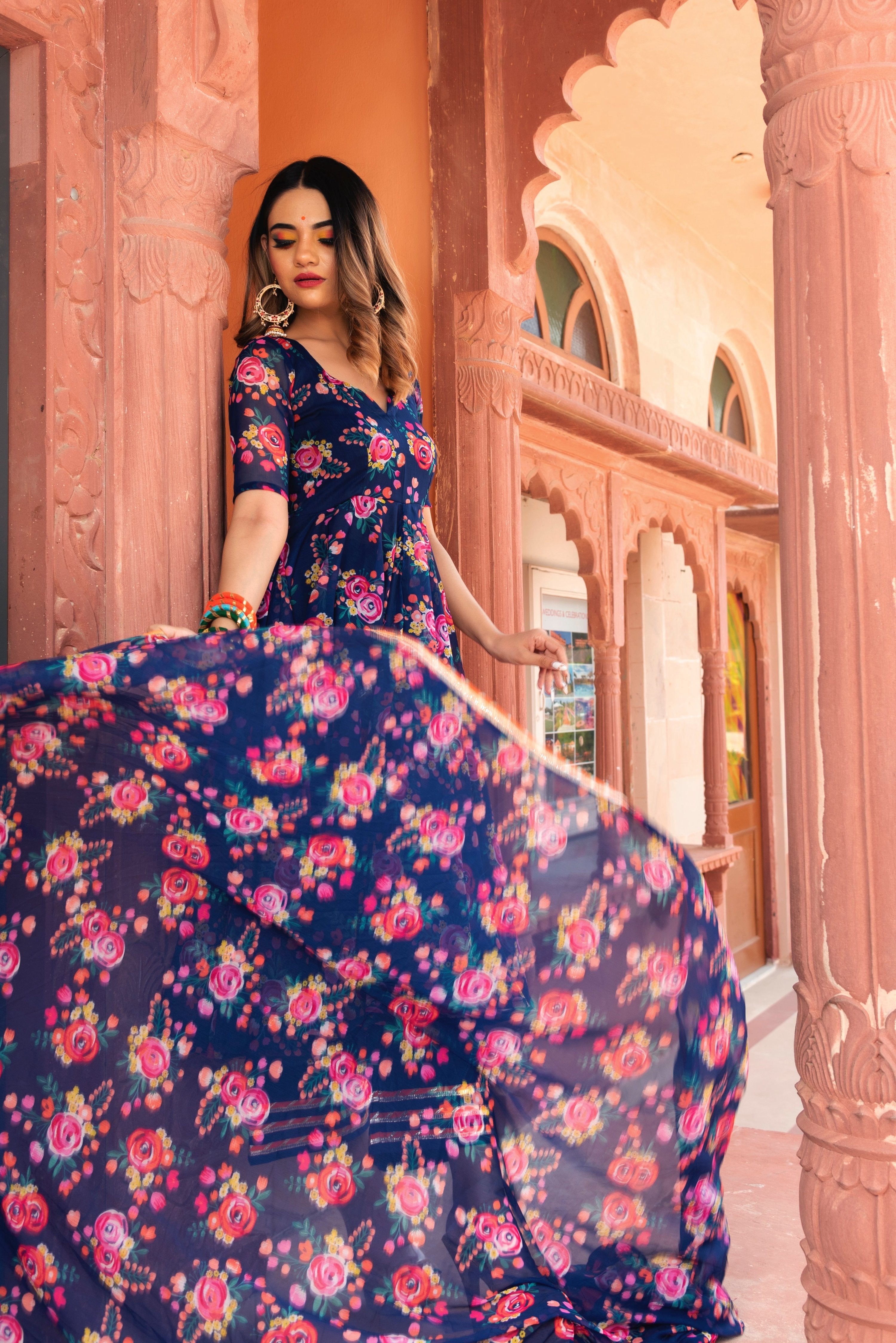 Pomcha Jaipur Manjari Organza Phool Jaal Anarkali Set - Distacart