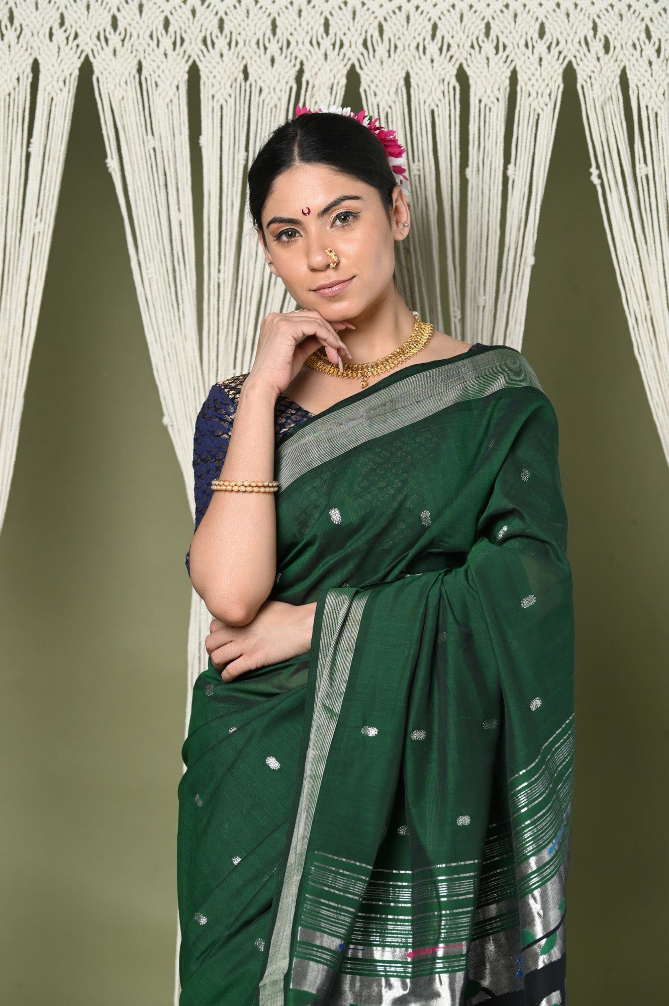 Very Much Indian EXCLUSIVE! Silver Zari Handloom High Quality Pure Cotton Paithani Radha Krishna Pallu - Distacart