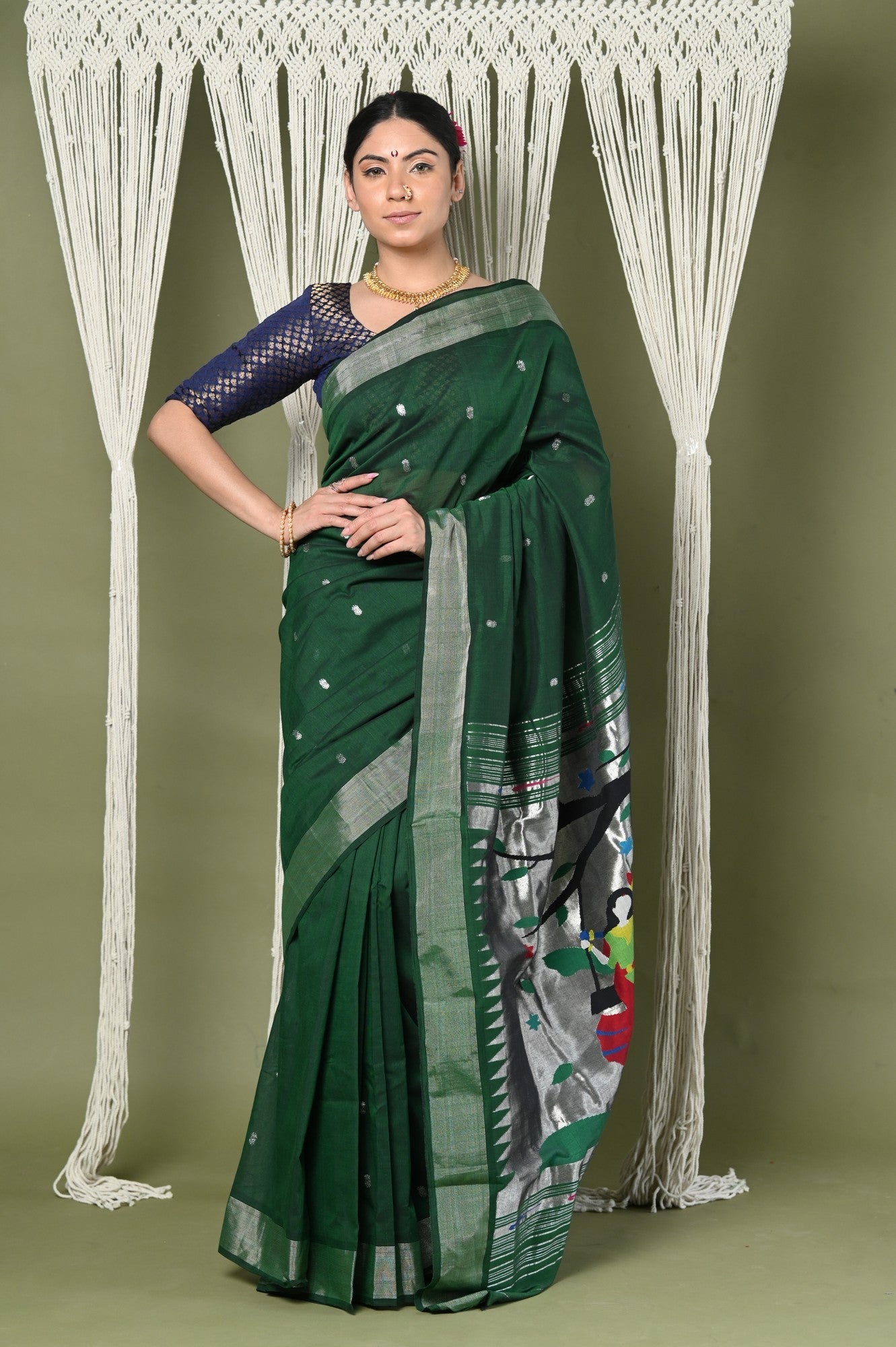 Very Much Indian EXCLUSIVE! Silver Zari Handloom High Quality Pure Cotton Paithani Radha Krishna Pallu - Distacart