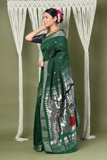 Thumbnail for Very Much Indian EXCLUSIVE! Silver Zari Handloom High Quality Pure Cotton Paithani Radha Krishna Pallu - Distacart