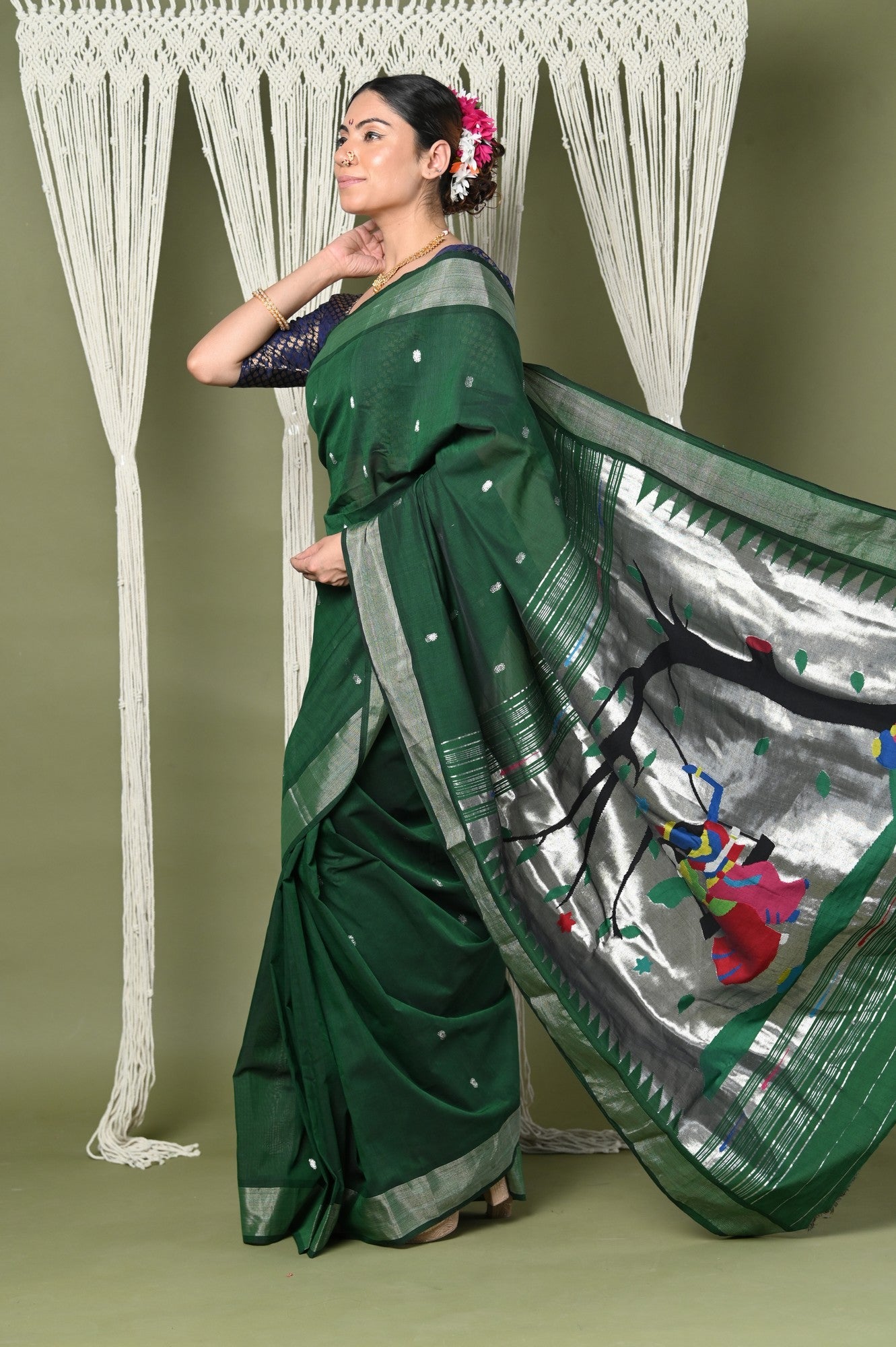 Very Much Indian EXCLUSIVE! Silver Zari Handloom High Quality Pure Cotton Paithani Radha Krishna Pallu - Distacart