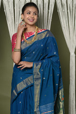 Thumbnail for Very Much Indian EXCLUSIVE! Handloom Pure Cotton Paithani With Peacock Pallu - Teal Blue - Distacart