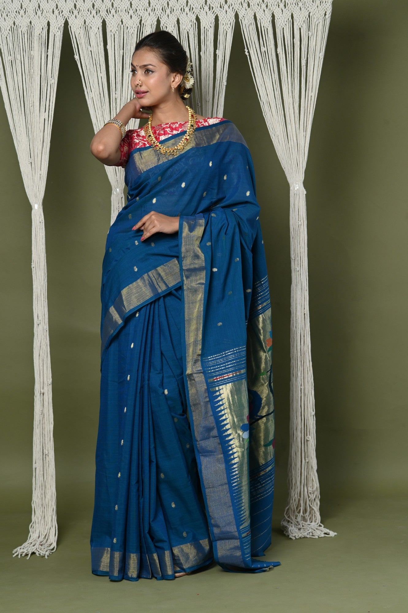 Very Much Indian EXCLUSIVE! Handloom Pure Cotton Paithani With Peacock Pallu - Teal Blue - Distacart