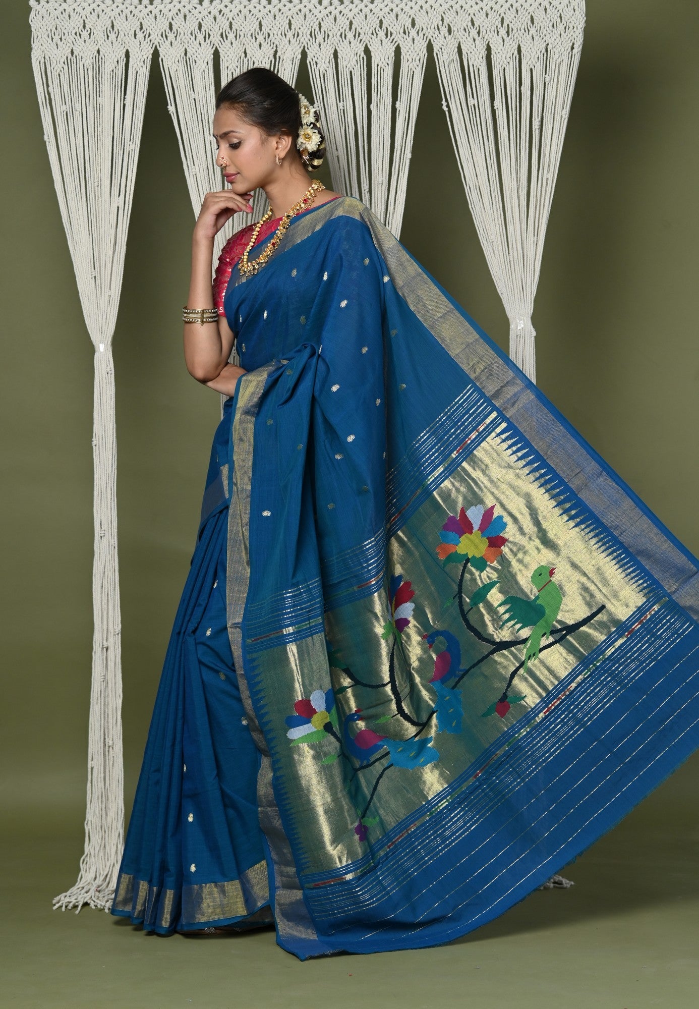 Very Much Indian EXCLUSIVE! Handloom Pure Cotton Paithani With Peacock Pallu - Teal Blue - Distacart