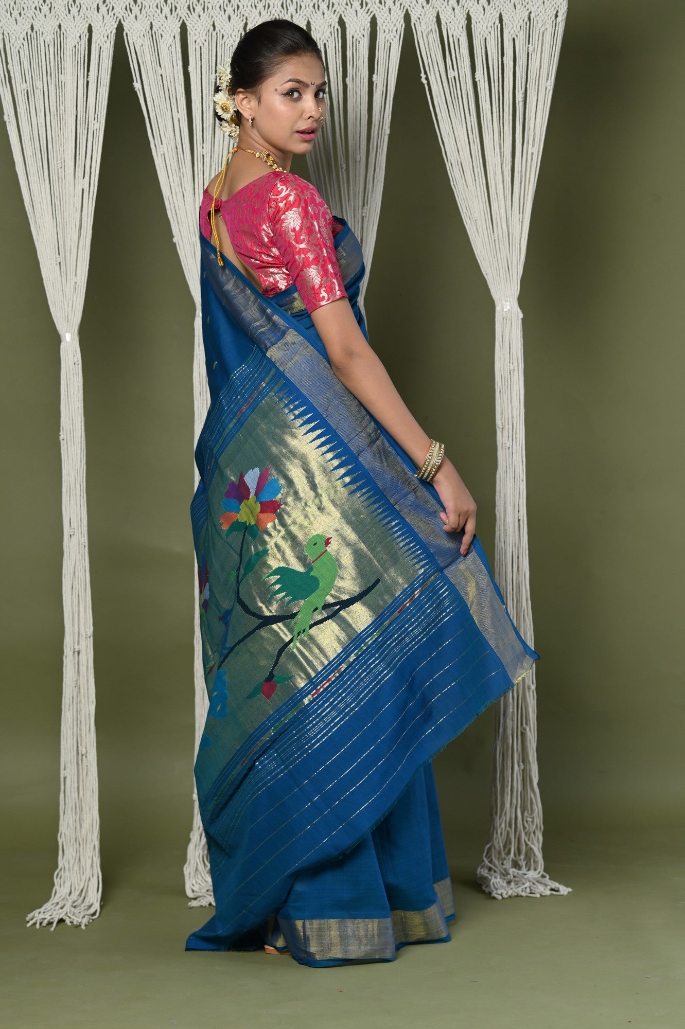 Very Much Indian EXCLUSIVE! Handloom Pure Cotton Paithani With Peacock Pallu - Teal Blue - Distacart
