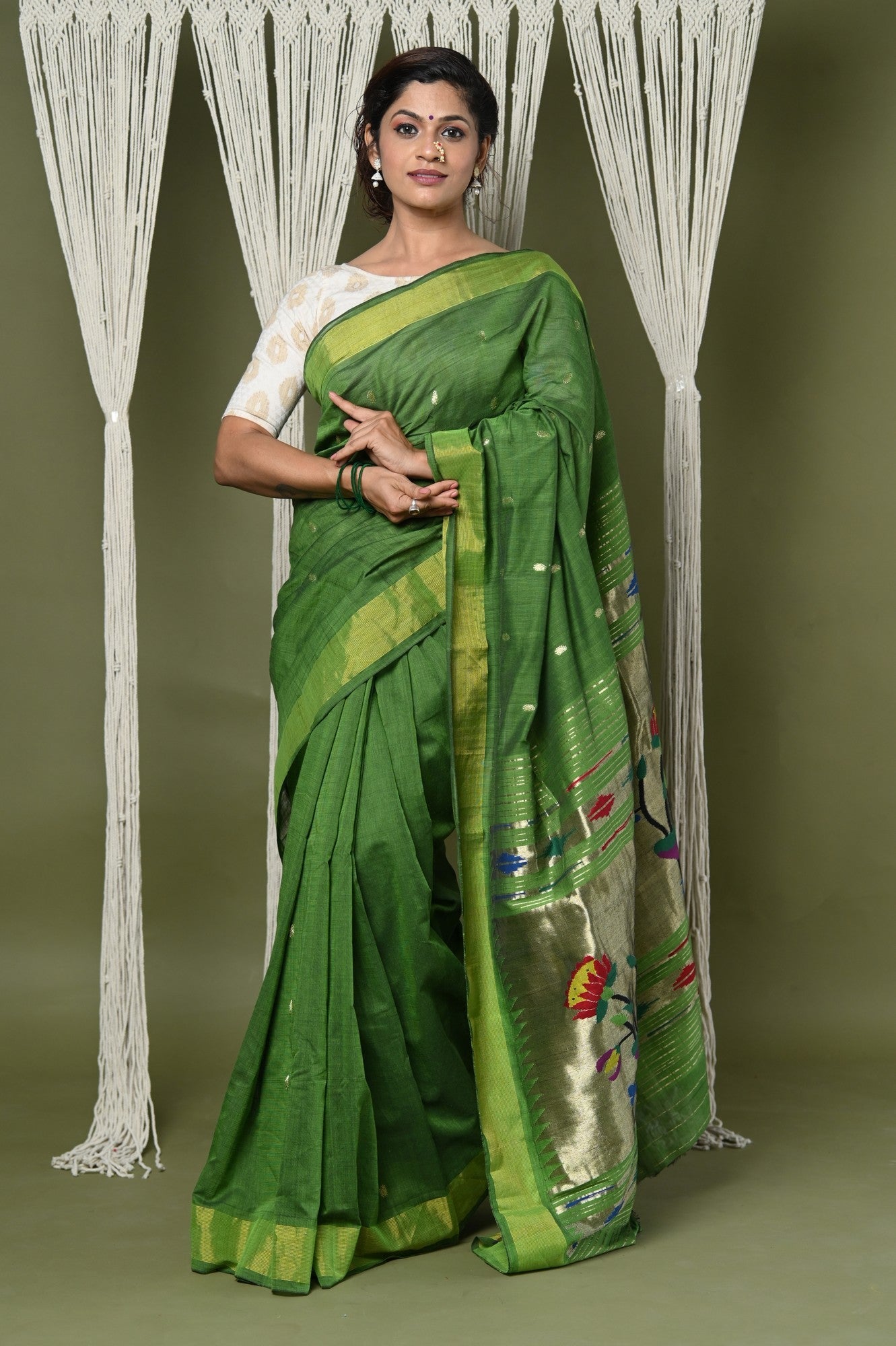 Very Much Indian EXCLUSIVE! Handloom Pure Cotton Paithani With Peacock Pallu - Blade Green - Distacart