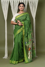 Thumbnail for Very Much Indian EXCLUSIVE! Handloom Pure Cotton Paithani With Peacock Pallu - Blade Green - Distacart