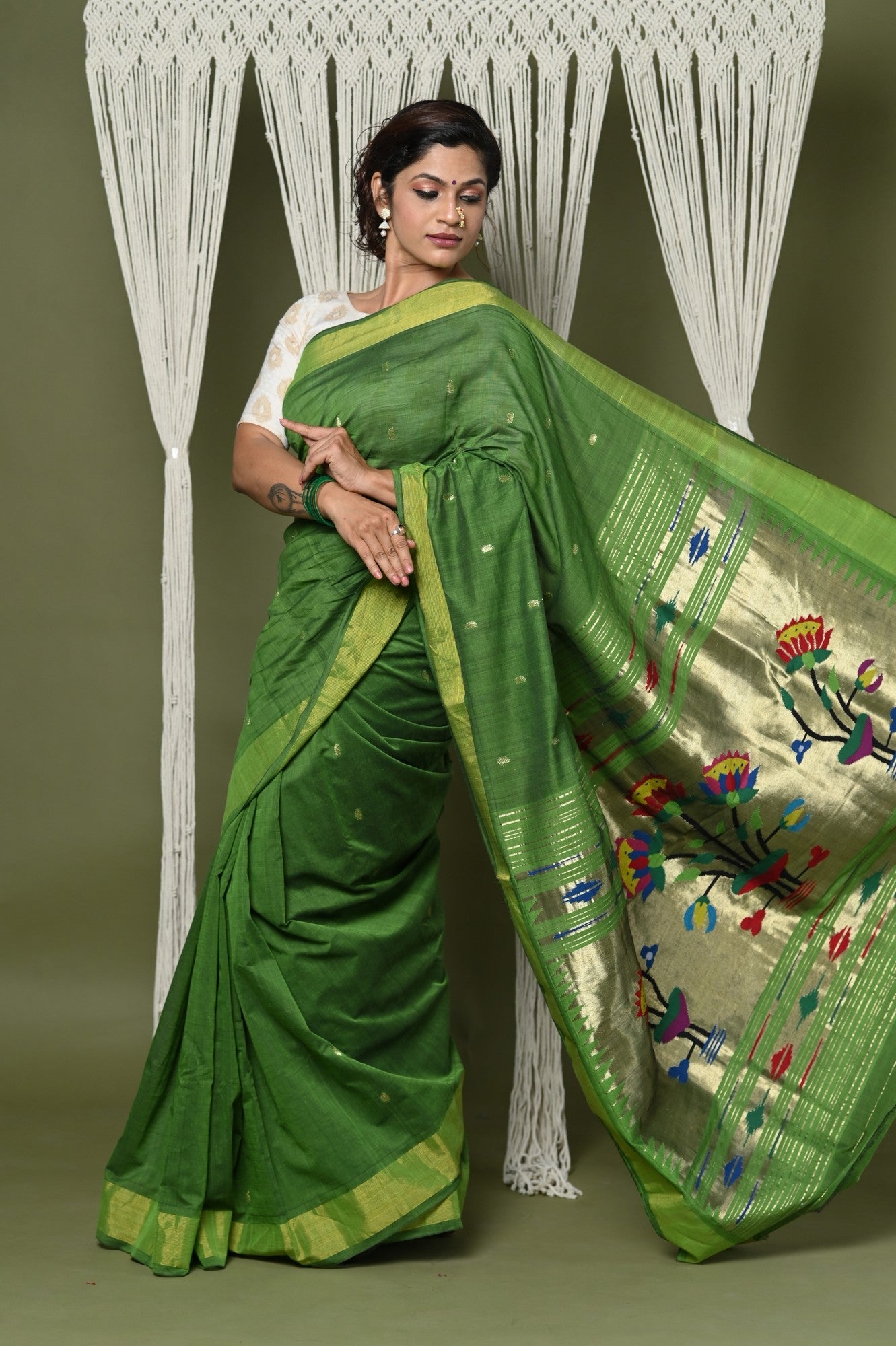 Very Much Indian EXCLUSIVE! Handloom Pure Cotton Paithani With Peacock Pallu - Blade Green - Distacart