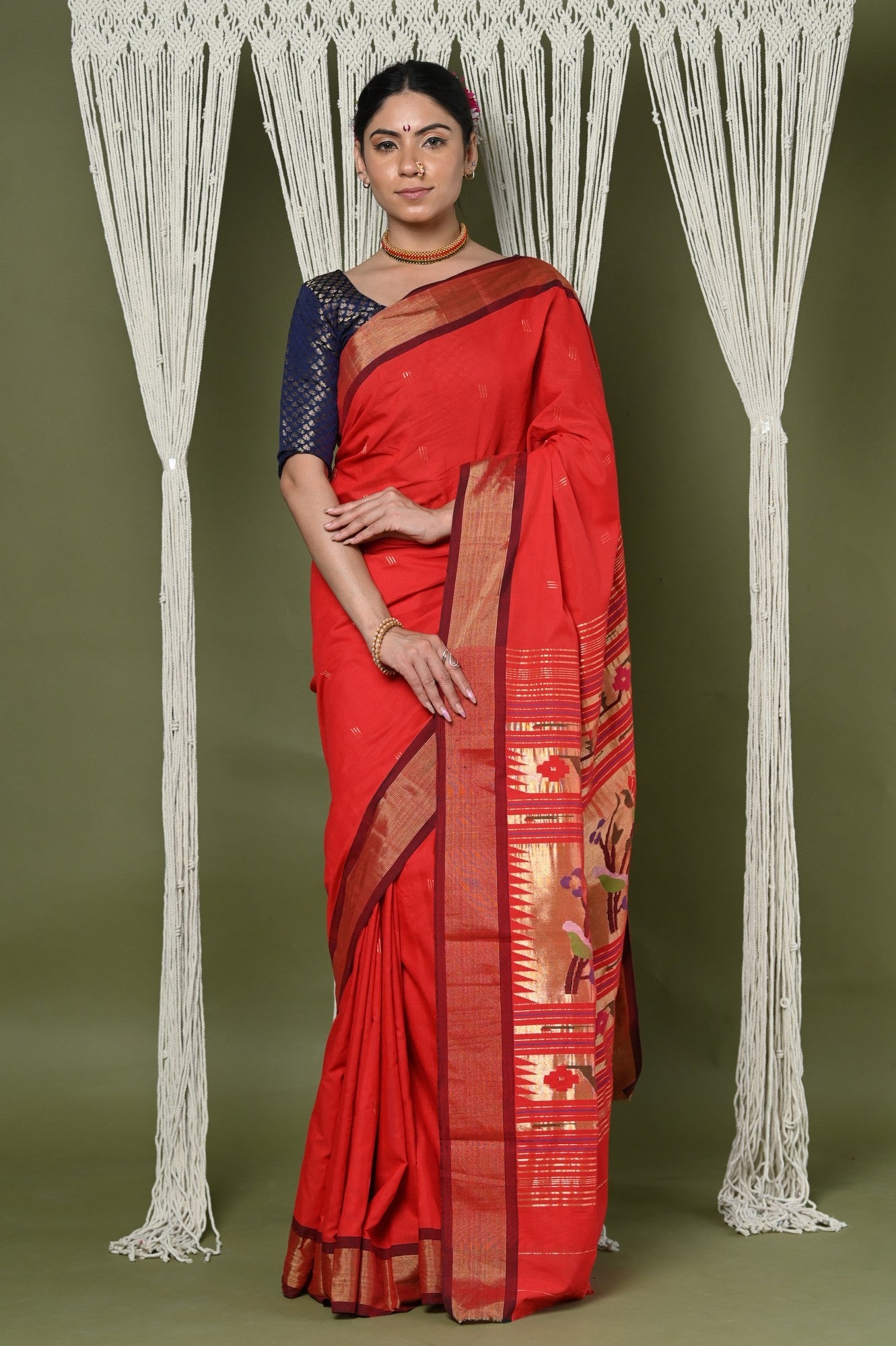 Very Much Indian EXCLUSIVE! Handloom Pure Cotton Paithani With Asawali Pallu - Bright Red - Distacart