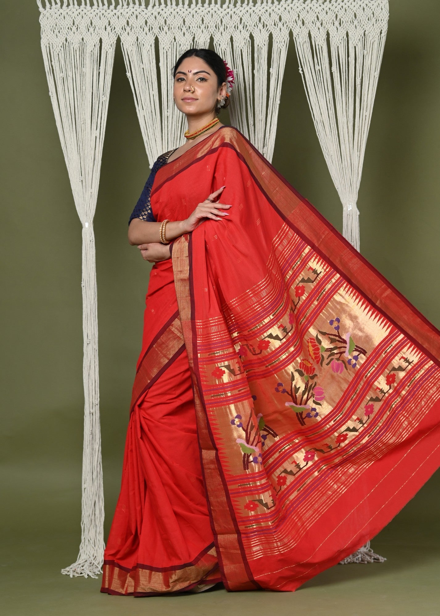 Very Much Indian EXCLUSIVE! Handloom Pure Cotton Paithani With Asawali Pallu - Bright Red - Distacart