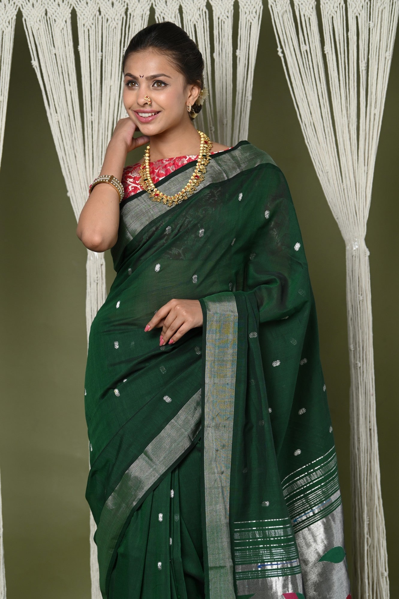 Very Much Indian EXCLUSIVE! Silver Zari Handloom Pure Cotton Paithani With Parrot Pallu - Forest Green - Distacart