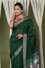 Thumbnail for Very Much Indian EXCLUSIVE! Silver Zari Handloom Pure Cotton Paithani With Parrot Pallu - Forest Green - Distacart