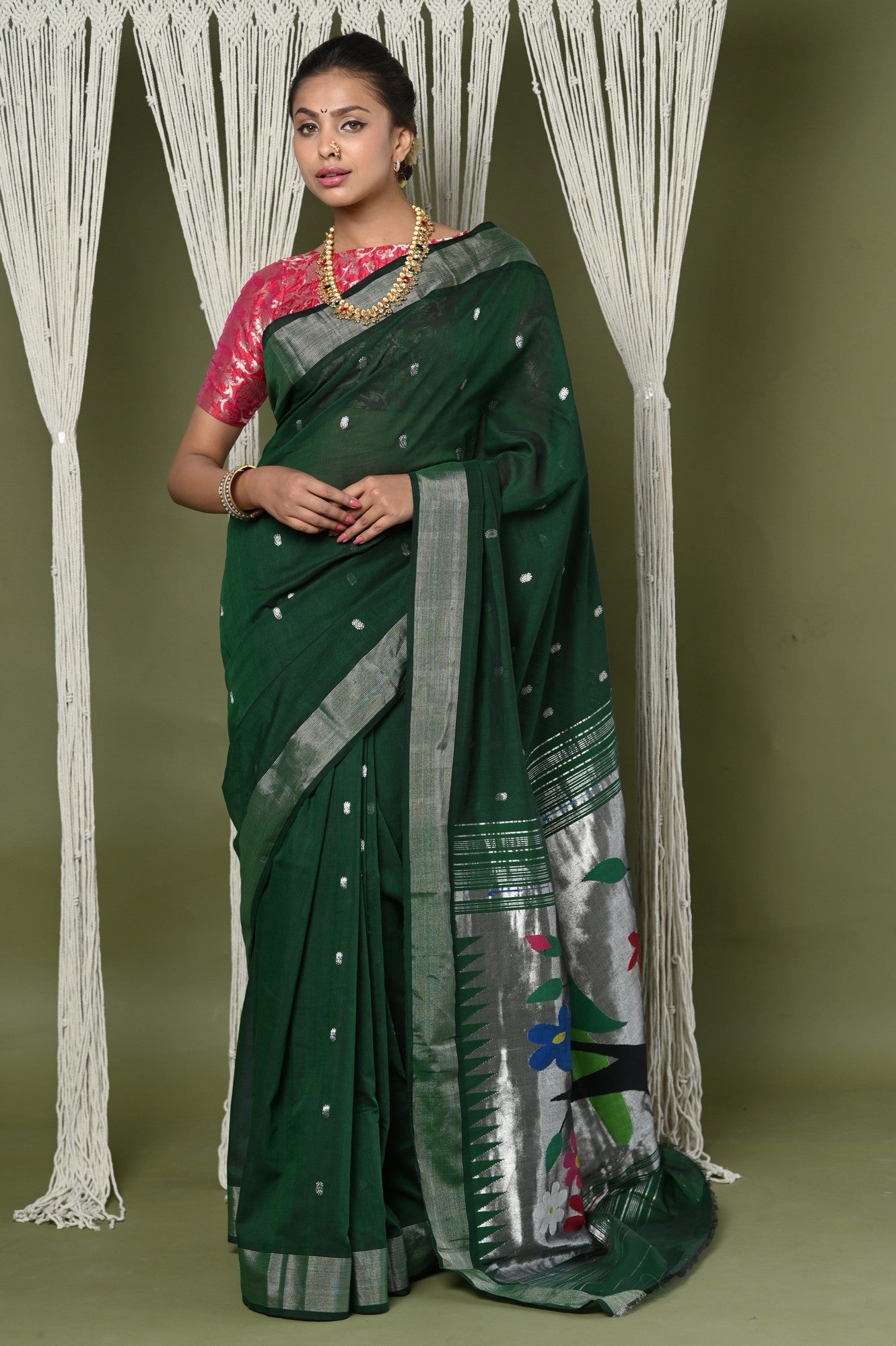 Very Much Indian EXCLUSIVE! Silver Zari Handloom Pure Cotton Paithani With Parrot Pallu - Forest Green - Distacart
