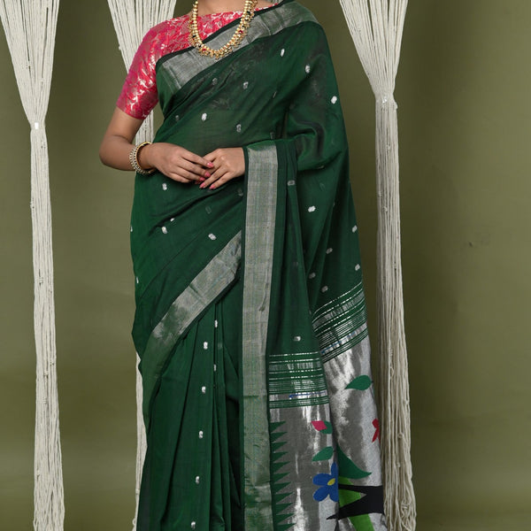 Very Much Indian EXCLUSIVE! Silver Zari Handloom Pure Cotton Paithani With Parrot Pallu - Forest Green - Distacart