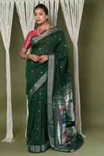 Thumbnail for Very Much Indian EXCLUSIVE! Silver Zari Handloom Pure Cotton Paithani With Parrot Pallu - Forest Green - Distacart