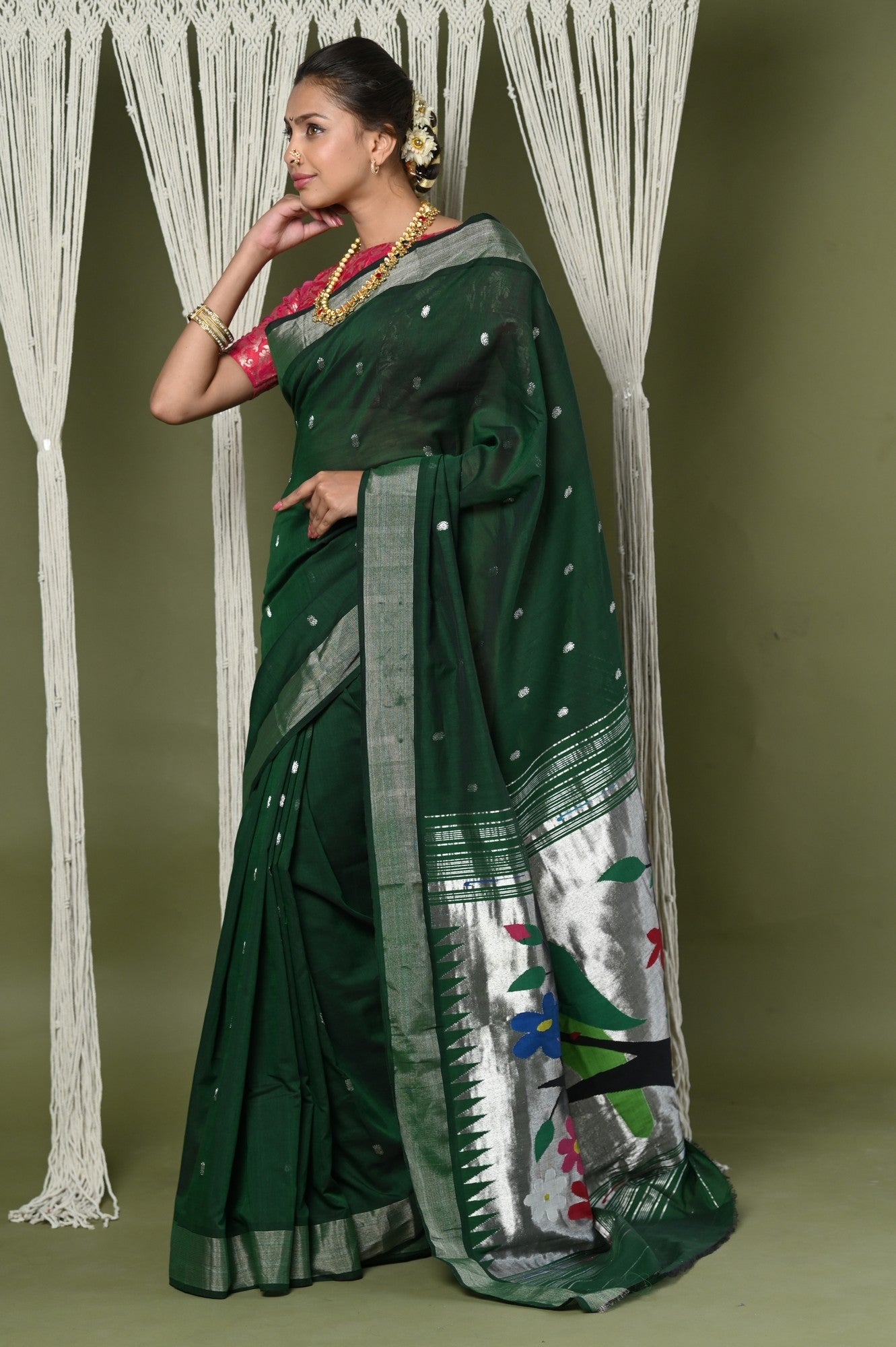 Very Much Indian EXCLUSIVE! Silver Zari Handloom Pure Cotton Paithani With Parrot Pallu - Forest Green - Distacart